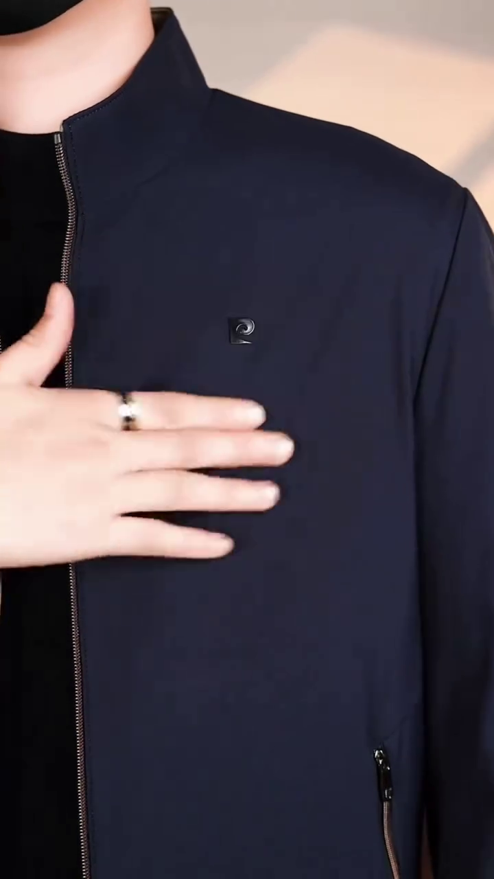 Men's Classic Navy Blue Band Collar Zip Jacket